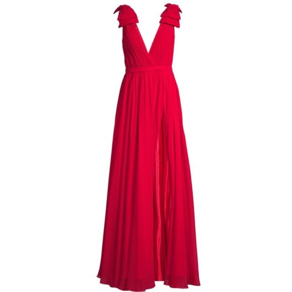 Flowy Red Evening Gown With Pleated V-Neck Bodice Dramatic Shoulder Bows & Back - Picture 8 of 10